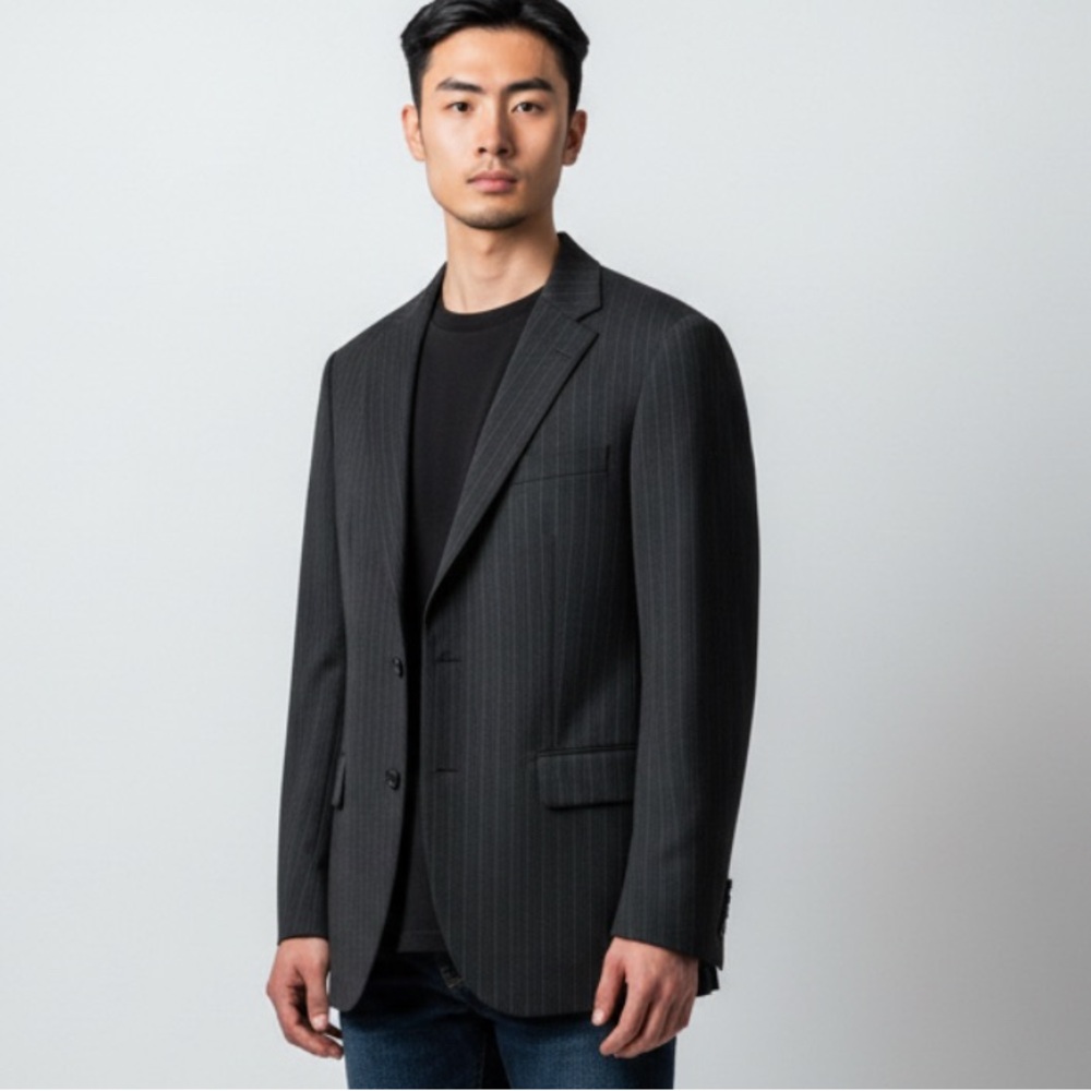TAKEO KIKUCHI black Pinstripe blazer Japanese designer wool Sport Coat jacket Lg